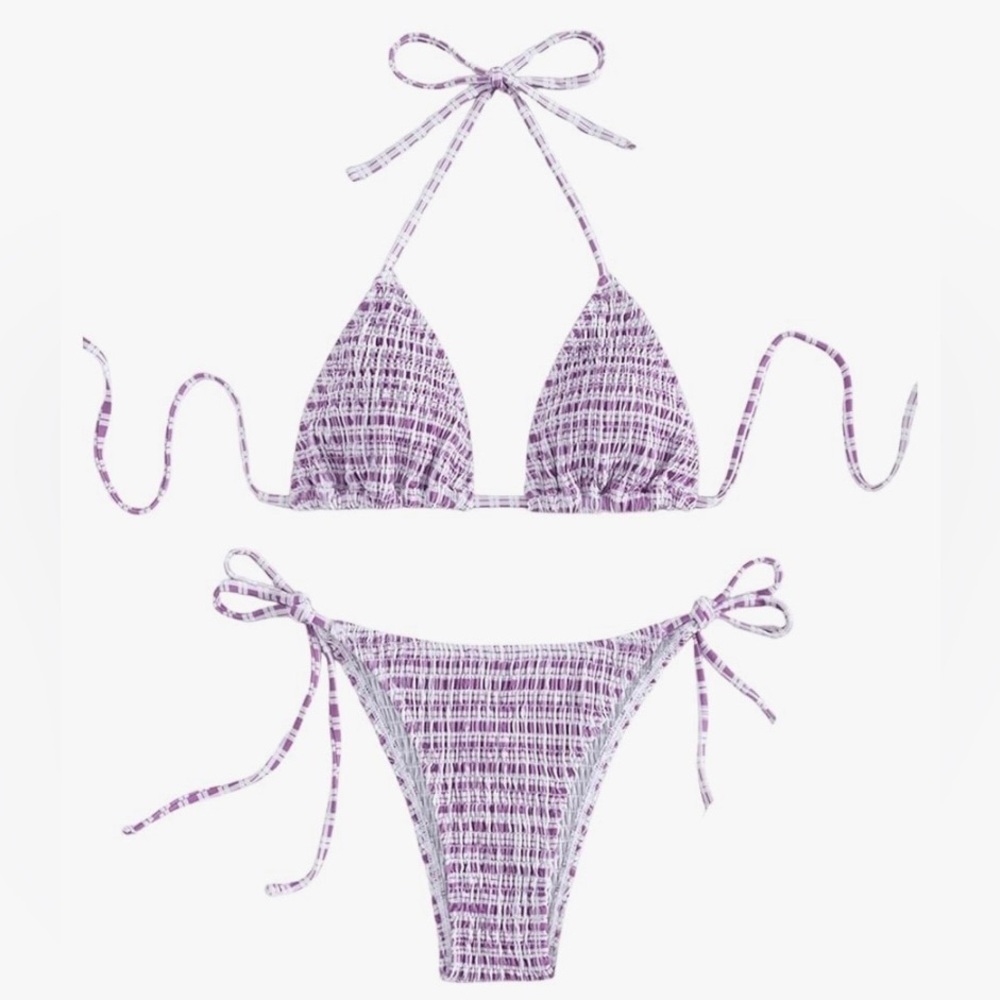 SOLY HUX Women's Plaid Gingham Bikini Sets Halter String Triangle Tie Side C6